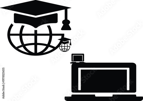 Online education concept with graduation cap globe laptop e learning digital university distance learning technology global study icon vector illustration