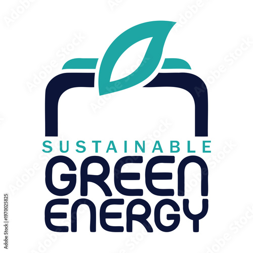 Sustainable green energy logo with leaf and text on white background