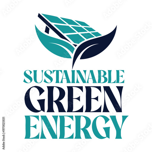 Sustainable green energy logo with solar panel and leaves  eco friendly concept