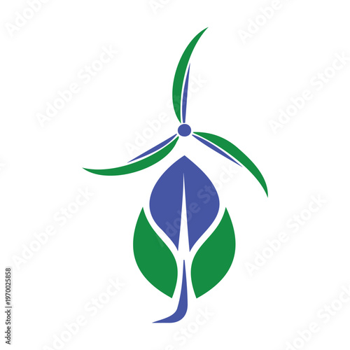 Wind turbine with green leaves and blue petals hybrid logo design
