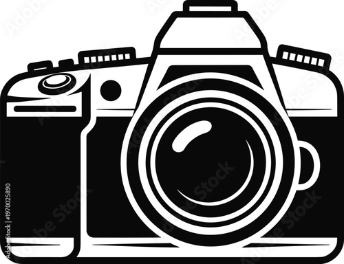 Vintage camera silhouette vector illustration with detailed lens classic photography equipment icon black retro style isolated design for creative projects