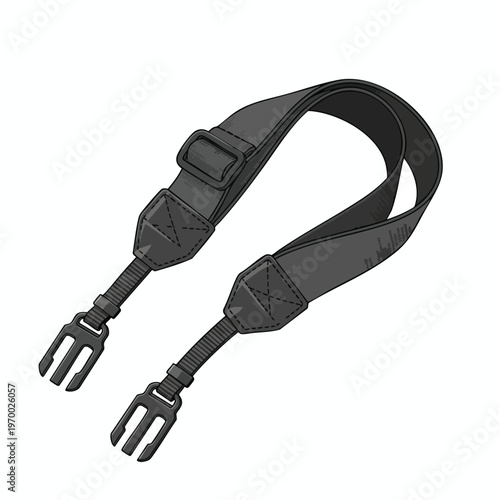 A black camera strap with adjustable buckle and clip attachments