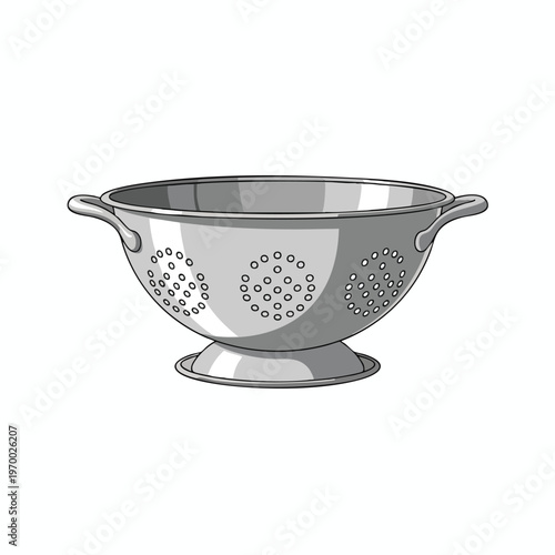 Metal colander with handles and perforated bowl, sitting on a pedestal