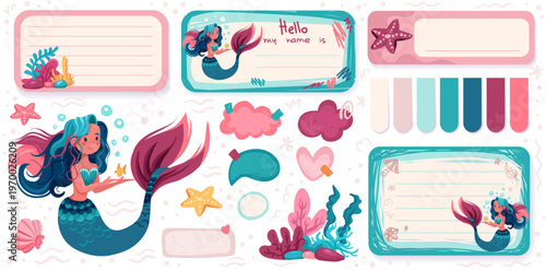 Cute mermaid memo notes with colorful frames and playful sea stickers for kids school notebooks, planners, and creative scrapbook pages with kawaii cartoon elements.
