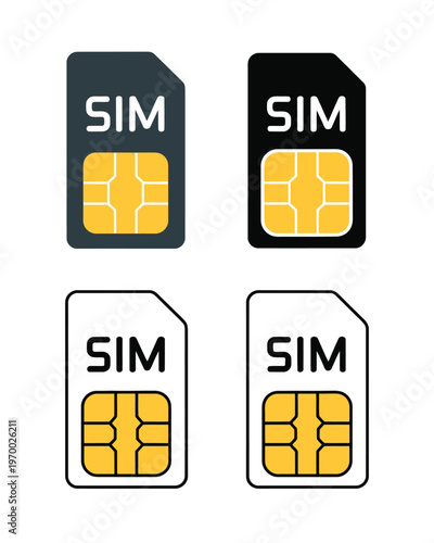 SIM card icon set, simple flat and outline vector graphics of subscriber identity module cards, suitable for mobile, electronics, network, and technology projects.