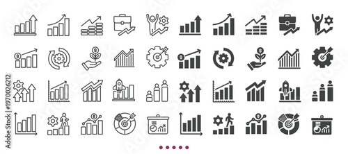 Growth statistics icons collection. Multi series icons. Line and glyph solid web icons collection