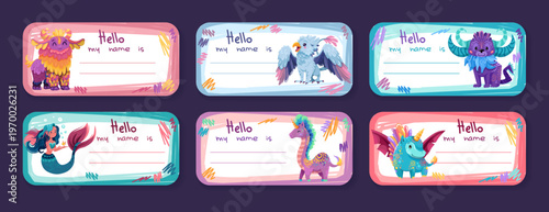 Cute monster frame for school name tags and memo cards. Kawaii cartoon border template perfect for kids stationery, labels, and journal pages with playful design elements. Vector children illustration