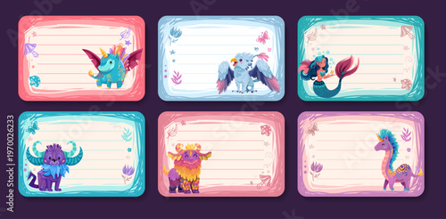 Cute monster frame for school name tags and memo cards. Kawaii cartoon border template perfect for kids stationery, labels, and journal pages with playful design elements. Vector children illustration