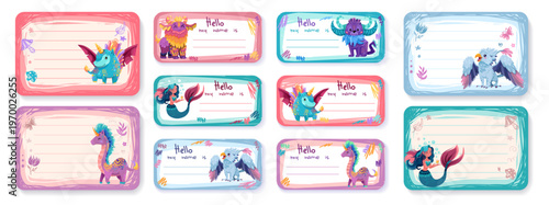 Cute monster frame for school name tags and memo cards. Kawaii cartoon border template perfect for kids stationery, labels, and journal pages with playful design elements