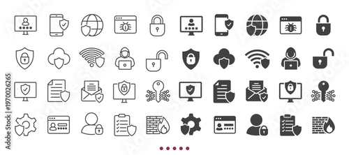 Security and protection icons collection. Multi series icons. Line and glyph solid web icons collection