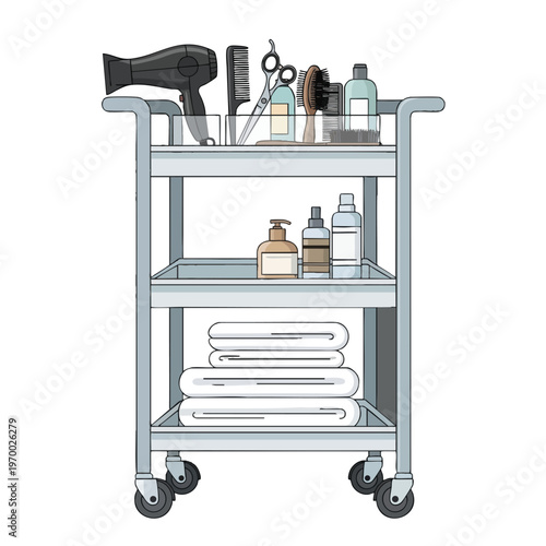 Rolling salon cart stocked with tools, bottles, and folded towels