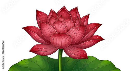 A beautiful macro shot of a pink and red lotus flower blossom with a green leaf and bud isolated on white to highlight the natural floral beauty of this summer aquatic plant
