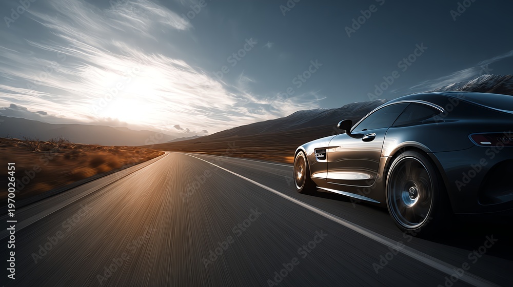 Fototapeta premium A sleek sports car gliding down an open road, surrounded by breathtaking scenery as the sun begins to set. This image captures the essence of freedom and the thrill of the drive.