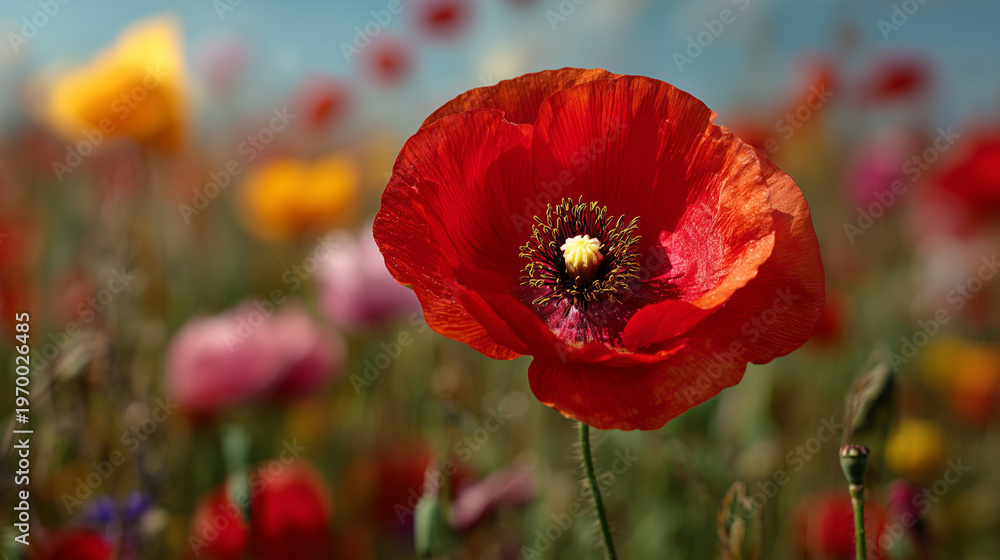 Fototapeta premium Close-up of a bright red poppy in full bloom, framed by soft-focused colorful poppy field, crystal-clear clarity
