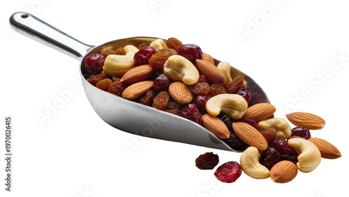 Картината върху платно Stainless steel scoop overflowing with mixed dried fruits, and crunchy nuts