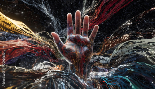 A vibrant human hand surrounded by swirling colorful energy and light in space.