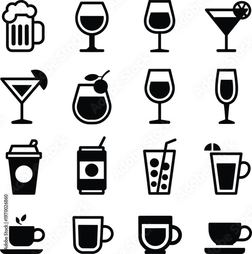 Beverage icons collection, drinks and cocktails symbols set, coffee tea beer juice and glassware elements for cafe menu and bar