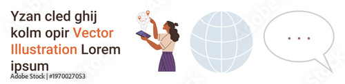 Education, global networking, communication, online learning, digital tools, collaboration. Woman with tablet and virtual elements, including a globe and speech bubble. Education and global