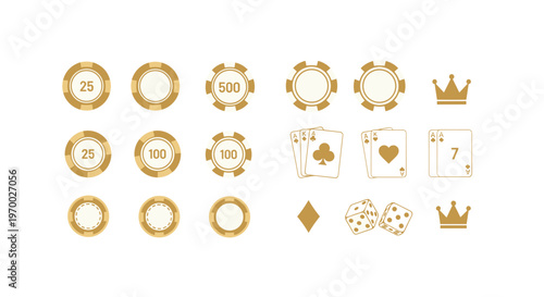 A collection of gold and white poker chips, playing cards, dice, and crowns are arranged on a white background.