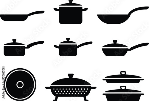 Cookware icons collection, kitchen pots and pans set, black cooking utensils symbols for food preparation, restaurant equipment, and culinary design