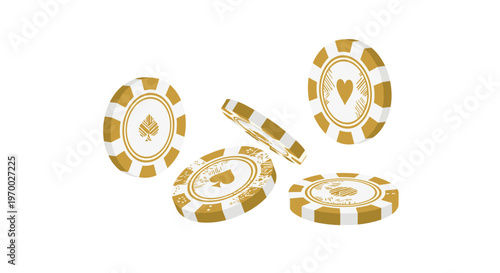 Several gold and white poker chips with card suit symbols are shown falling and resting on a white background.