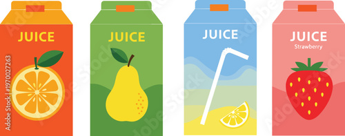 Fruit juice carton packaging collection with orange, pear, lemon and strawberry flavors, colorful beverage boxes illustration isolated on clean background