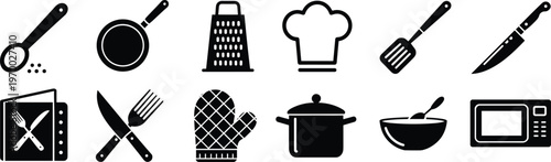 Kitchen utensil icons collection, cooking tools and chef equipment set, black food preparation symbols for restaurant, culinary, and home cooking