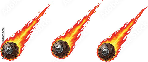 Burning meteor fireball collection with blazing flames and space rocks, cosmic asteroid illustration, dynamic impact objects isolated on clean background