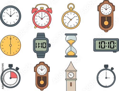 Timepiece icons collection, clocks watches stopwatch and hourglass set, colorful timing symbols for schedule, deadline, productivity, and time management