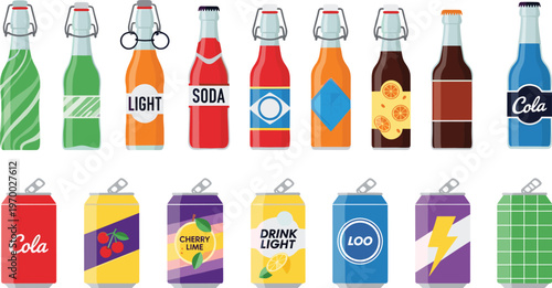 Large collection of colorful soda bottles and aluminum cans with fruit flavors, cola branding, and modern beverage packaging illustration isolated on background
