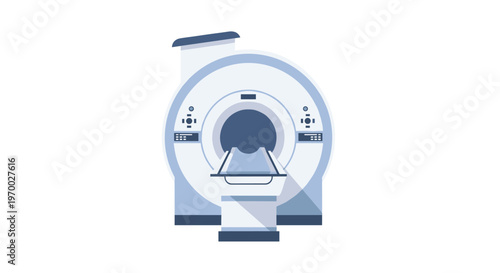 A modern MRI machine illustration in blue and white is depicted from the front with a patient bed opening on a white background.