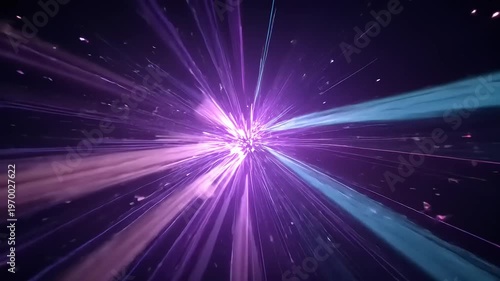 Vibrant purple and blue light beams radiating from a central point in space.