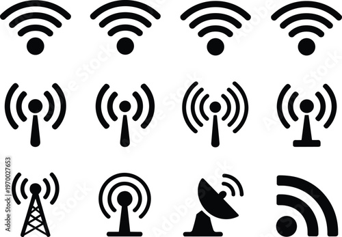 Wireless signal icons collection, wifi and network symbols set, black communication signs for internet connectivity, broadcast technology, and digital connection