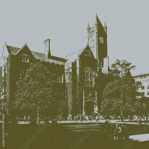 Vintage architectural building with clock tower and trees in a park with people walking by
