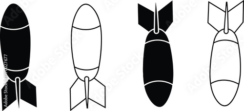 Bomb and missile silhouettes with different shapes, military weapon icons, explosive ammunition symbols, black vector illustration set isolated on clean background