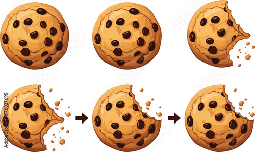 Chocolate chip cookie eating sequence with bite progression, crumbs detail, delicious sweet snack illustration, bakery dessert concept isolated on clean background