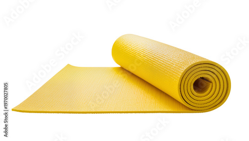 Rolled mustard yellow exercise mat, resting on a flat surface