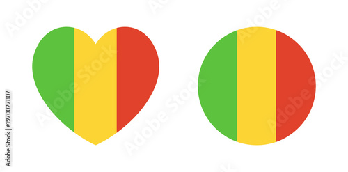 Mali heart shaped, round country flag icon, sticker. National Mali heart, circle flag badge, button. Republic of Mali circular, heart shapes banner, background.