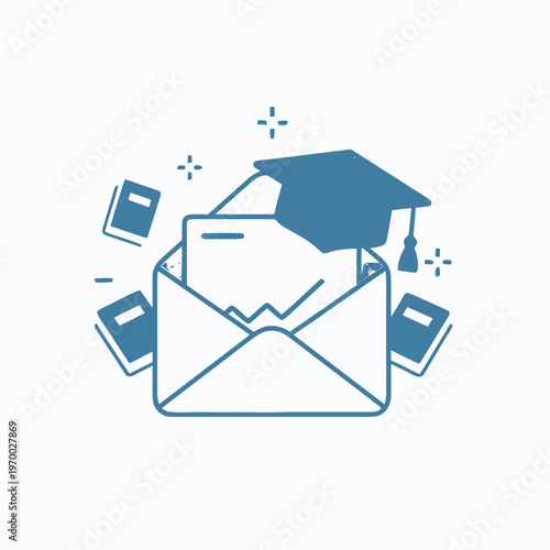 Educational success concept icon with an open envelope, graduation cap, and books, symbolizing academic achievement, university acceptance, and future learning opportunities