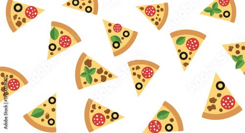 A vibrant, repeating pattern of triangular pizza slices with various toppings is scattered across a white background.