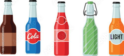 Colorful soda bottle collection with assorted fizzy drinks, glass beverage packaging designs, retro and modern soft drink labels illustration isolated on background