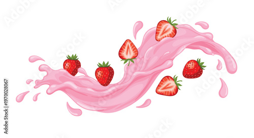 Fresh red strawberries are suspended within a dynamic pink liquid splash with droplets on a clean white background.