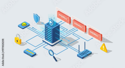 Network security concept with server and devices.