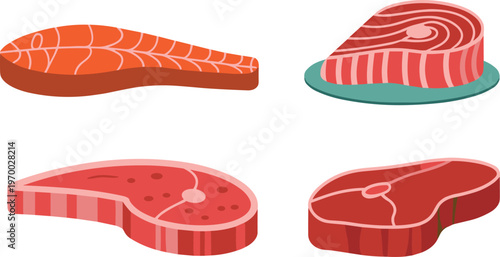 Raw fish steak vector set, salmon tuna slices illustration, fresh seafood cuts collection, butcher meat design, cooking ingredient isolated background