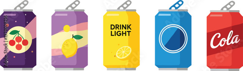 Colorful aluminum soda cans collection with fruit flavors, cola branding, and light drink design, modern beverage packaging illustration isolated on background