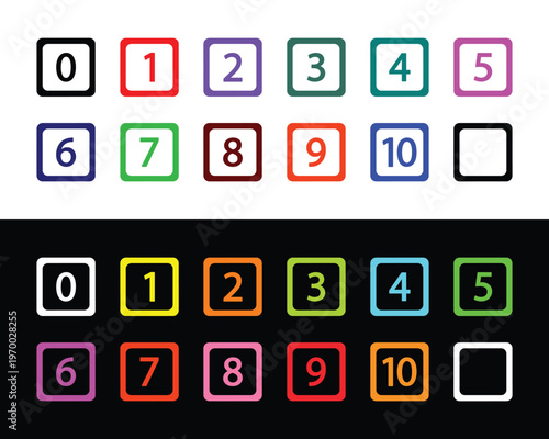 Colorful number icons set 0-10 in square buttons UI design kit