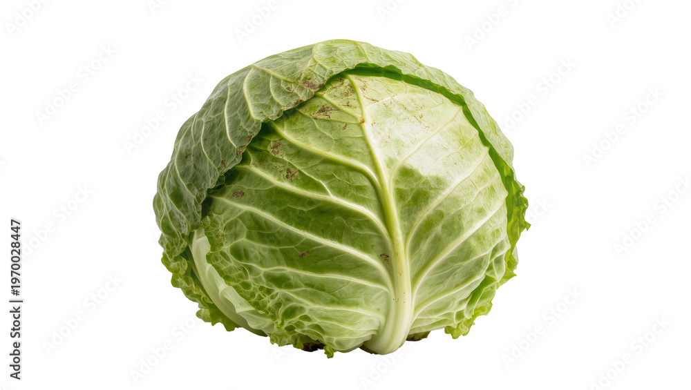 Obraz premium Round green Savoy cabbage displaying tightly layered leaves, showing fresh texture
