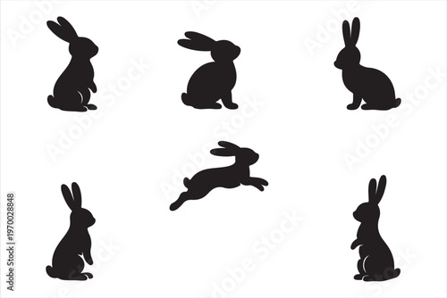 Easter day celebration with five happy rabbits silhouette on white background