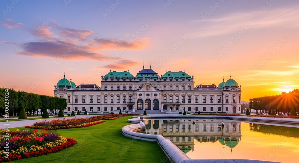 Naklejka premium Majestic Palace Reflection - A Stunning Architectural Marvel at Sunset.