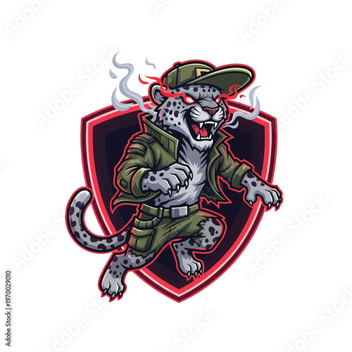 Leopard mascot in jungle camouflage suit leaping in front of shield